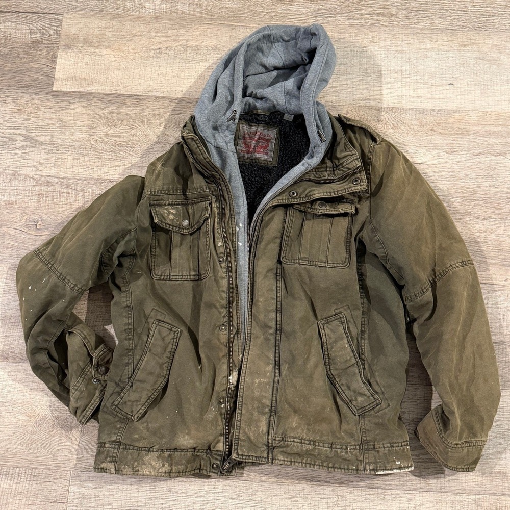 Levis Mens Hooded Field Jacket Olive Green Sherpa Lined Distressed Medium